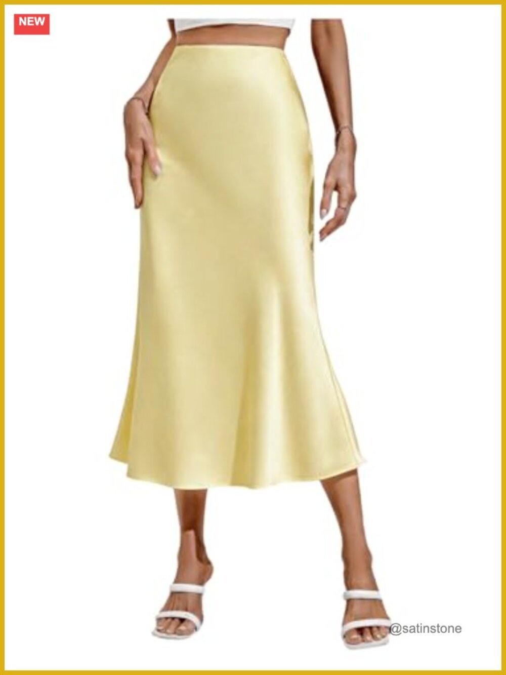 Satin High Waisted Flared Hem Fishtail Midi Skirt Silky Bodycon